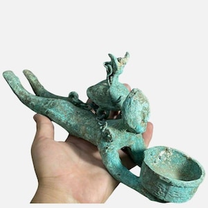 Wonderful Old Museum Quality Ancient Old Roman Bronze Human Holding Bowl Statue Circa 400-500AD