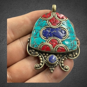 Vintage Tibetan Brass Pendant with Multicolor Stones