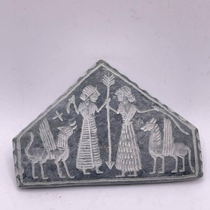 Ancient Near Eastern Old stone Carved tile tablet with kings animals Depicting intaglio