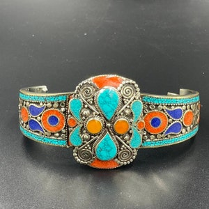Vintage Himalayan Cuff Bracelet: Turquoise, Coral, Lapis, Silver