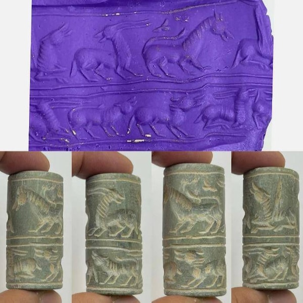 Excellent Ancient Near Eastern Old Jasper Intaglio Stone Animals Engraved Ancient Cylinder Seal Bead