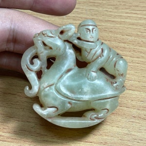 Antique Natural Jade Carving: Baby Riding Dragon Amulet