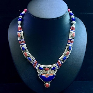 Vintage Tibetan Himalayan Silver Plated Coral and Lapis Lazuli Stone Unique Design Necklace
