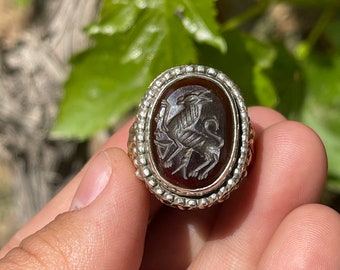 Prachtige oude agaatsteen dierengravures zeldzame uitstekende massief zilveren ring