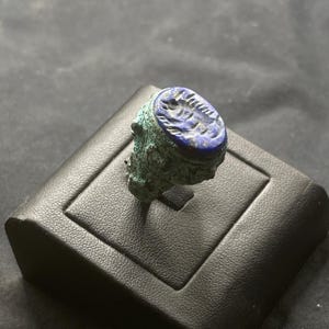 Ancient Roman Style Bronze with lapis lazuli Intaglio Stone Ring With Rare Patina