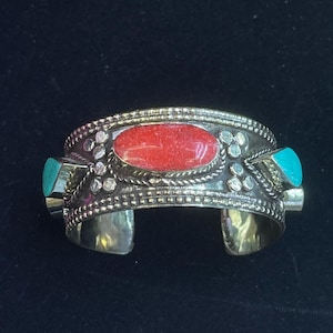 Very Beautiful Vintage Tibetan Himalayan tribal Silver Plated Cuff Bracelet with Coral and Turquoise Stone