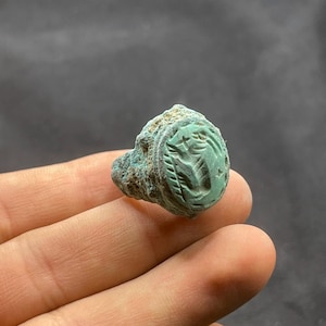 Exquisite Ancient Roman Style Bronze with old turquoise intaglio Stone Ring With Rare Patina