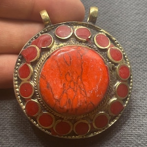 Vintage Antique Tibetan Old Brass With jasper Stone Unique Pendant
