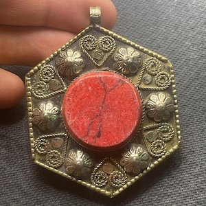 Beautiful Antique Tibetan Old Brass With jasper Stone Unique Pendant