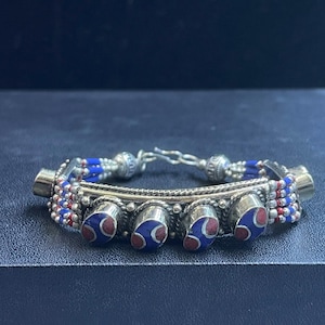 Beautiful Vintage Tibetan Himalayan Silver Plated with Coral and lapis lazuli Stone unique design handmade Bracelet