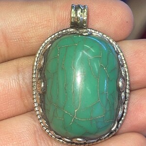 Vintage Tibetan Malachite Pendant: Rare Flower Engraved Brass