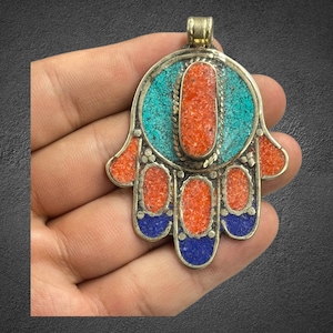 Vintage Tibetan Brass Hamsa Pendant with Multicolor Stones