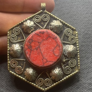 Vintage Antique Tibetan Old Brass With jasper Stone Unique Pendant