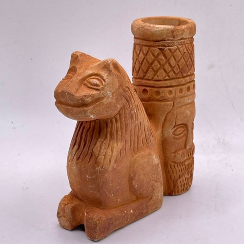 Antique Near Eastern Ancient Stone Carved shops Rhytun Vassel In The form of Animal with Human faces Depicted