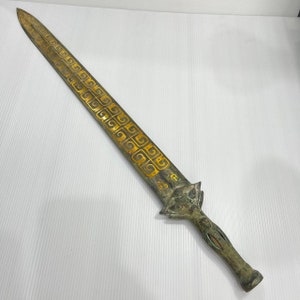 Bella antica oro romano dorato bronzo Grande spada con figura umana