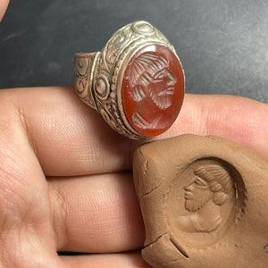 Antiquitäten Antiker Naher Osten Alter Karneol Achat Intaglio-Stein Römisches Siegel Stempel Alter Massiver Silberring