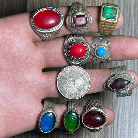 Great Deal Sale 10 Rings Ancient Near Eastern Old Brass Rare Rings With Stones And Glass Inserts Beautiful Gift Rings Afghans Vintage Ring