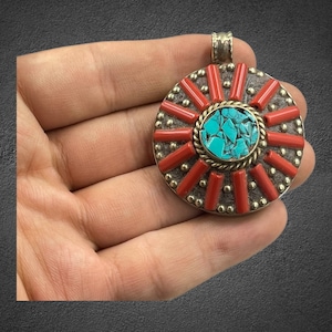 Vintage Tibetan Brass Pendant: Bohemian Turquoise & Coral Stone