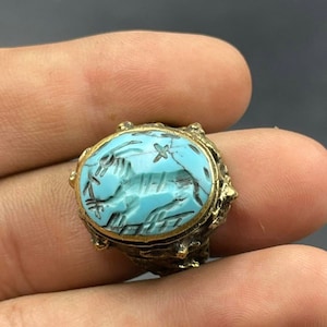 Ancient Post Medieval Old Brass Ottomans seal Ring With Old blue Tourquies Stone intaglio wonderful Seal ring
