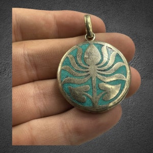 Vintage Tibetan Brass Pendant: Bohemian Green Stone Symbol
