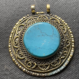 Beautiful Antique Tibetan Old Brass With turquoise Stone Unique Pendant