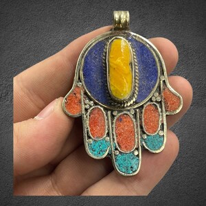 Vintage Tibetan Brass Hamsa Pendant with Multicolor Stones