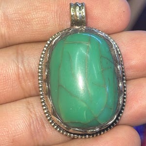Vintage Tibetan Malachite Brass Pendant: Flower Engravings