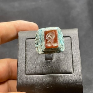 Exquisite Ancient Roman Style Bronze with Carnelian intaglio Stone Ring With Rare Patina