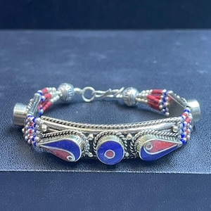 Beautiful Vintage Tibetan Himalayan Silver Plated with Coral and lapis lazuli Stone unique design handmade Bracelet