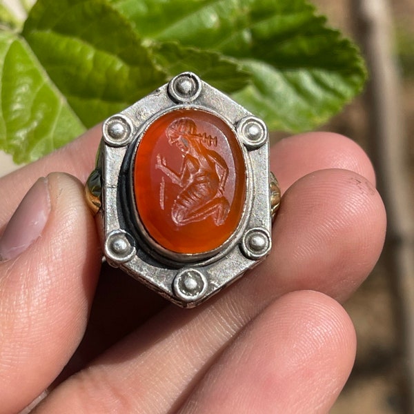 Afghanistan Wonderful Ancient Carnelian Agate Stone Roman King Engravings Rare Solid Silver Ring