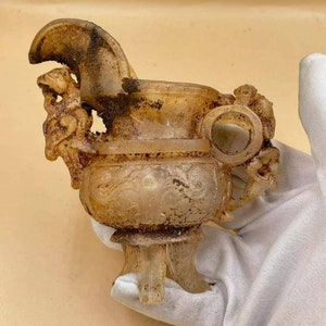 Unique Ancient Roman Crystal Carved Drinking Vessel with Beast Terminals