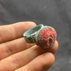 Ancient Roman Style Bronze with jasper intaglio Stone Ring With Rare Patina