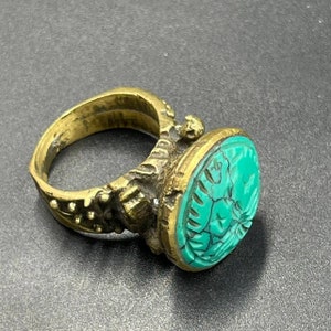 Ancient Post Medieval Old Brass Ottomans seal Ring With Old Malachite Stone intaglio wonderful Seal ring