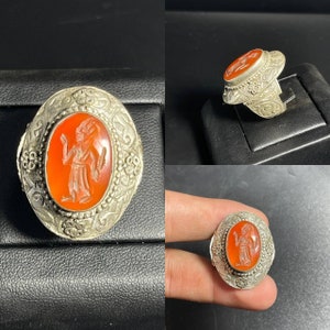 Extrem seltener antiker nahöstlicher natürlicher Alter Karneol Achat Intaglio Stein Massiv Silber Römische Siegel Stempel Ring