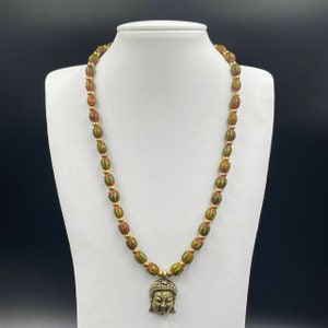 Wonderful Antique Venetain Melon Color Chervan Old African Trade Beads Strand Necklace With Ancient Buddha Bronze Pendant Beautiful Necklace