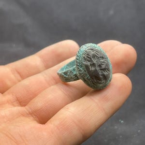 Exquisite Ancient Roman Style Bronze with jasper intaglio Stone Ring With Rare Patina