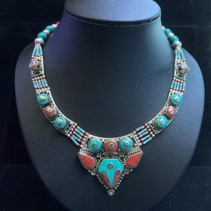 Beautiful Vintage Tibetan Himalayan Silver Plated coral and turquoise Stone Unique Design Necklace