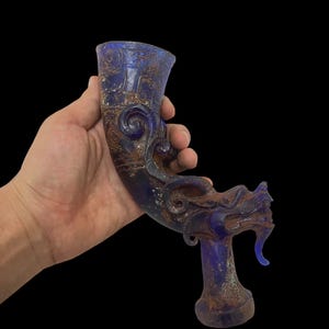 Unique Rare Ancient Roman,Near Eastern Blue crystal carving drinking vessel with dragon terminal in good condition
