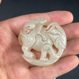 Antique Chinese Jade Amulet: Carved Monkey Riding Elephant