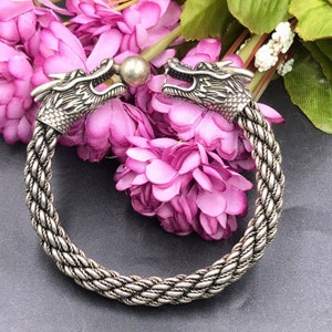 Beautiful Ancient Viking Style Silver Plated With Unique 2 Dragon Heads Bangle Bracelet