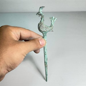Unique Ancient Roman Bronze Hair or Garment pin With Roster On Top