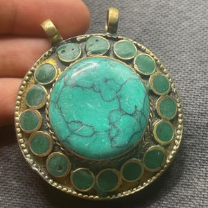 Beautiful Antique Tibetan Old Brass With Malachite Stone Unique Pendant
