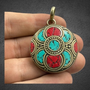 Vintage Tibetan Brass Pendant: Bohemian Multicolor Stone