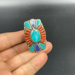 Spectacular Vintage Himalayan Jewelry Tourquies and Lapis stone inlaid Brass Ring, Adjustable Size Unique ring