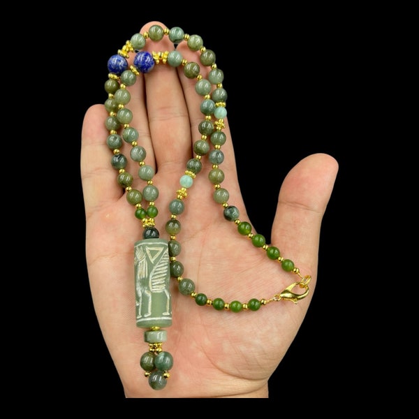 Unique Central Asia Green Jade Stone Beads with old Jade cylinder Seal Bead wonderful Necklace