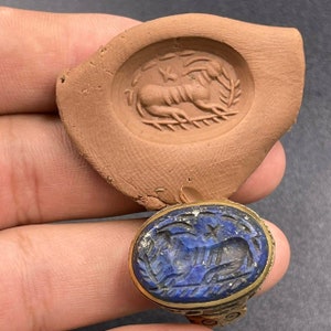 Ancient Post Medieval Old Brass Ottomans seal Ring With Blue Lapis lazuli Stone intaglio wonderful Seal ring