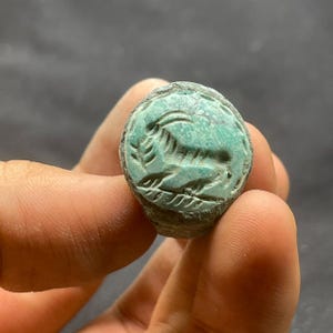 Exquisite Ancient Roman Style Bronze with old turquoise intaglio Stone Ring With Rare Patina