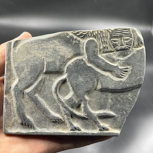 Extremely Ancient Near Eastern Old Black Stone Lion Engraved relief Tablet