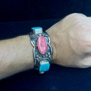 Very Beautiful Vintage Tibetan Himalayan tribal Silver Plated Cuff Bracelet with Coral and Turquoise Stone