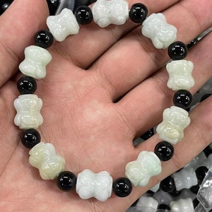 Beautiful Natural Burmese Jade Stone Beads and black onyx beads Bracelet/ Adjustable Elastic Bracelet